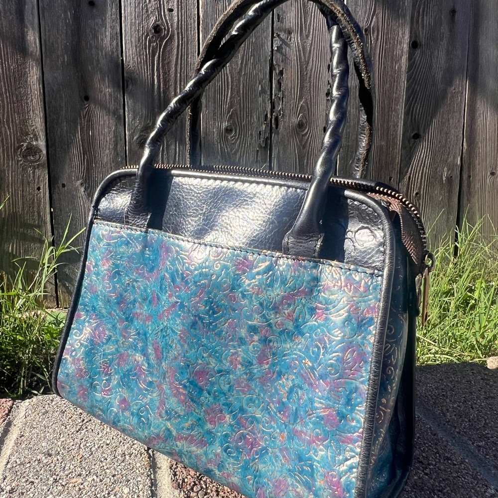 Patricia Nash Black Blue Leather Kimono Tapestry Crossbody Floral Embossed Purse